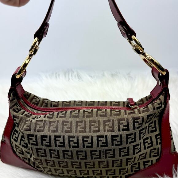 💎✨BEAUTIFUL✨💎Authentic Fendi Zucchino Canvas Leather Red and Brown - Picture 4 of 10